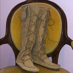 Minnetonka tall moccasins front lace.